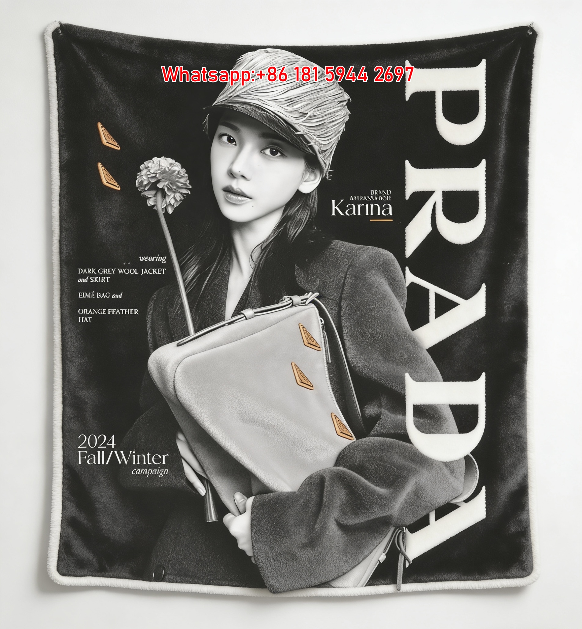Prada Karina 2024 Campaign Print Flannel Throw Blanket Dark Grey Black Sofa Cover IMG_2851